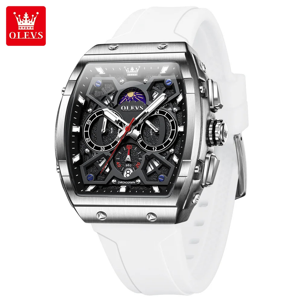 OLEVS 2942 Man Watch Silicone Strap Tonneau Design Dial Multifunction Quartz Watch for Men Moon Phase Calendar Chronograph Watch