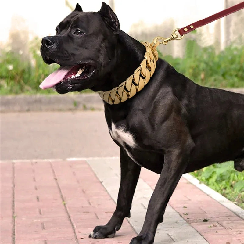 Stainless Steel Dog Leash Pet  Lead Traction  Super Strong Gold Collar Chain 32mm 19mm Bulldog Pitbull Large Dog Collar Leash