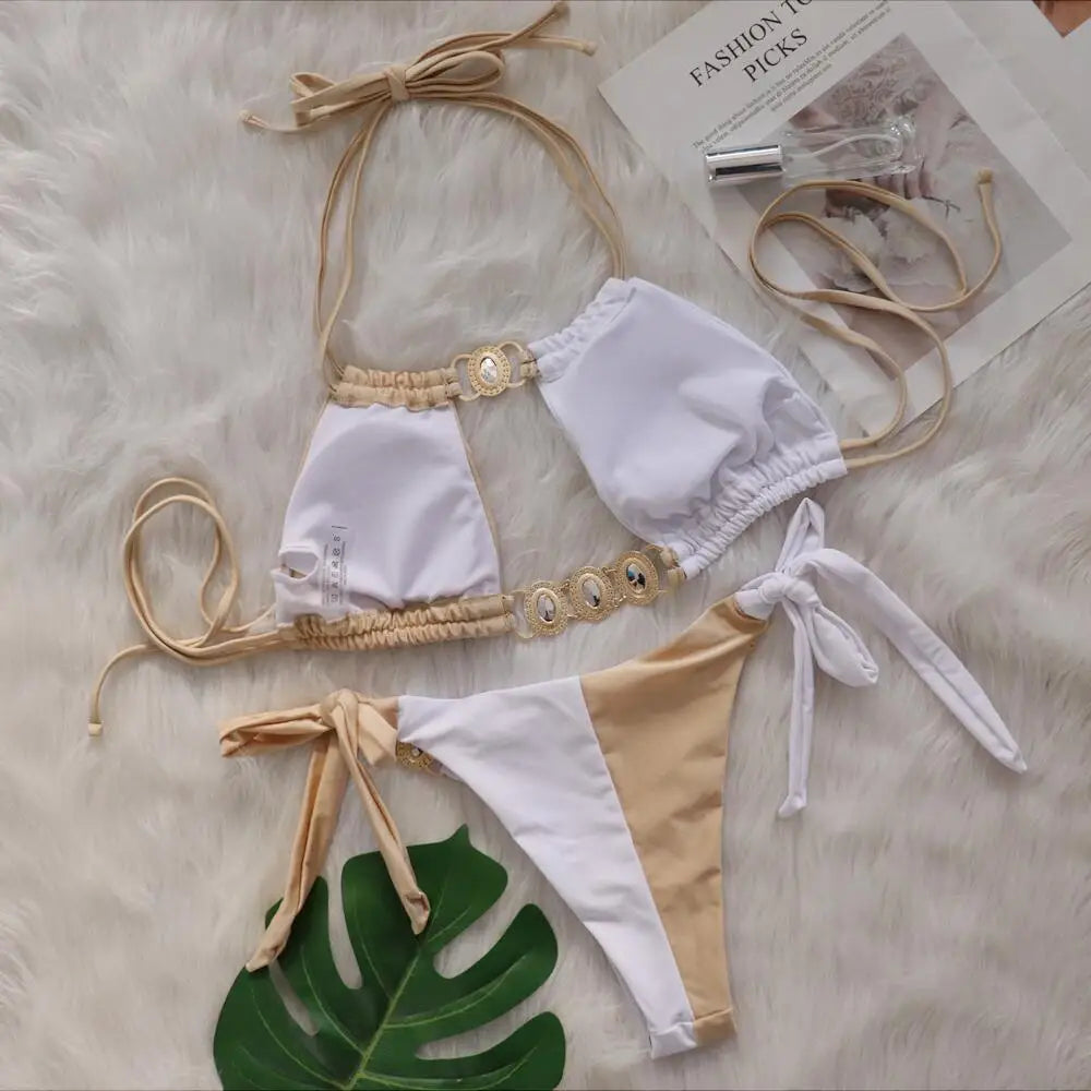 2026 Splicing Halter Diamond Bikini Women Swimsuit Female Swimwear Two Pieces Bikini Set Hollow Out Bathing Suit Swim Beach Wear