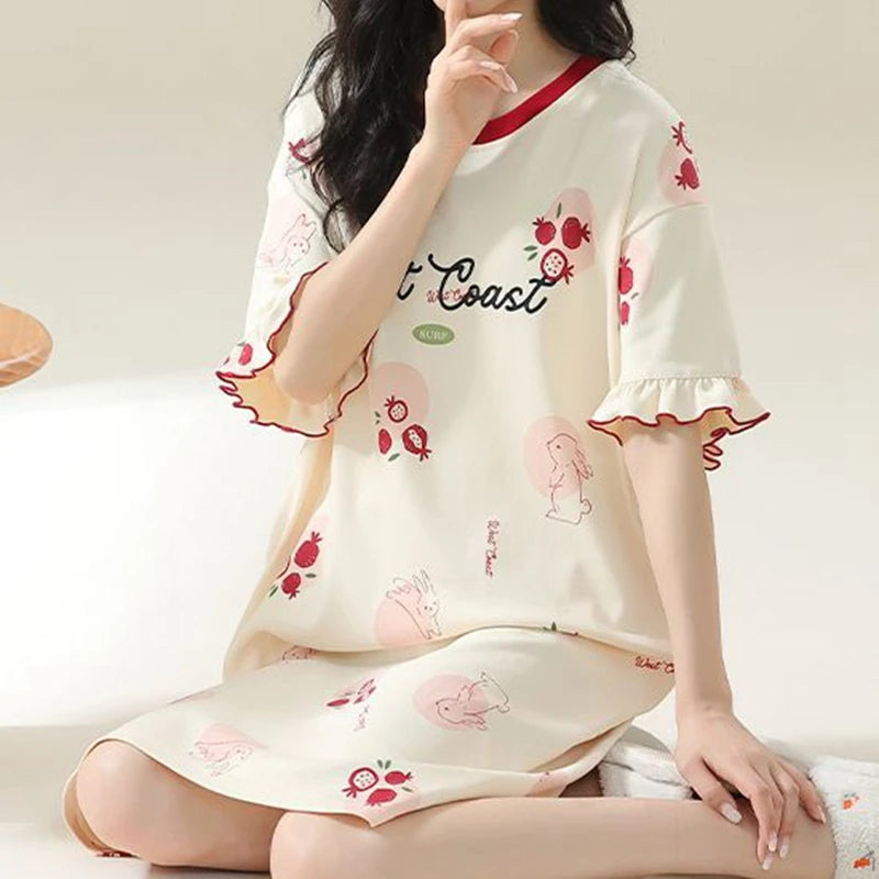 100% COTTON! SUKAE Summer New Women Lovely Sleepshirt Fashion Nightgowns Leisure Dress Casual Nightdress Short Sleeves Nightgown