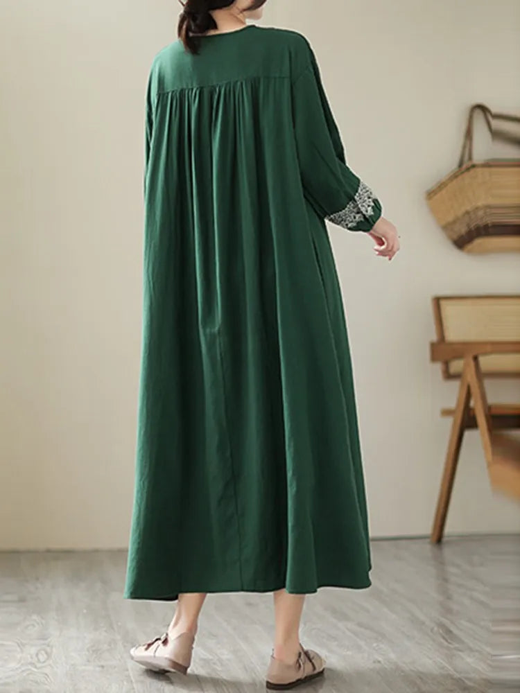 100% Cotton Long Dresses Women New Arrival 2023 Spring Vintage Style Geometric Embroidery Loose Female Casual Dress B2386