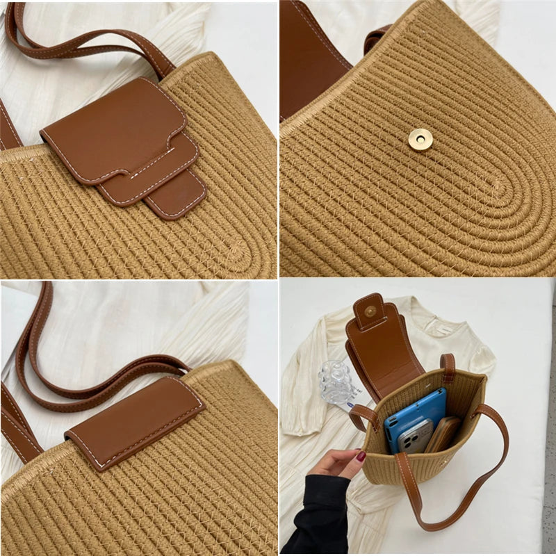Large Capacity Beach Shopping Bag Luxury Design Woven Shoulder Bag Women Handmade Cotton Thread Woven Handbag Summer Travel Bag