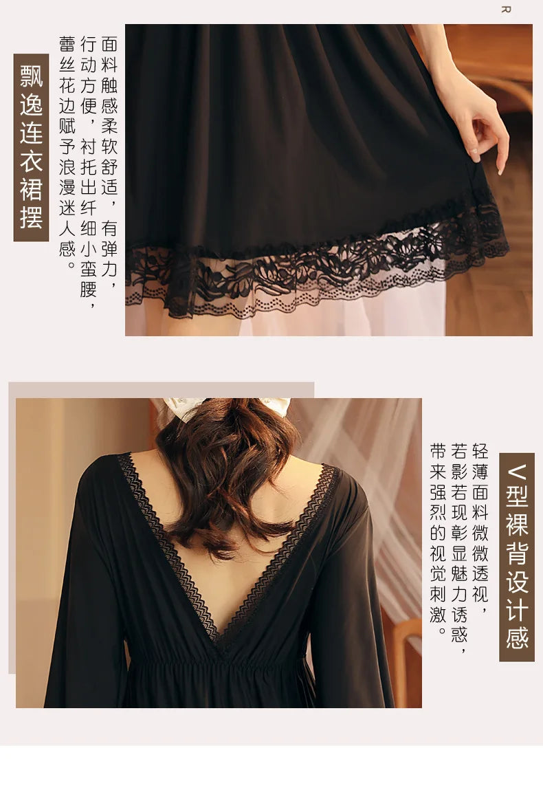Fdfklak M-3XL Women’s Nightgowns Sexy Lace Deep V Neck Sleepshirt Mesh Short Sleeve Summer Nightdress Female Nightwear Dress