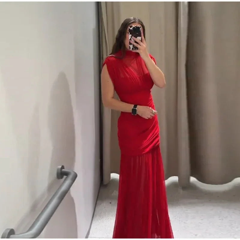 Sexy Red Pleated Mesh Long Dress Red See Through Patchwork Sleeveless A-line Party Dresses Female 2025 Summer Slim Robes Lady
