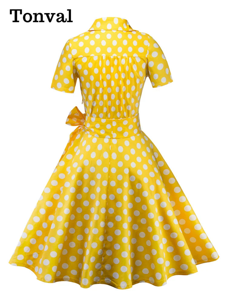 Tonval-Women's Retro Polka Dot Dress, Yellow Dress, Short Sleeve, V Neck, Belted, A Line, Summer Party, 50s Vintage Dresses