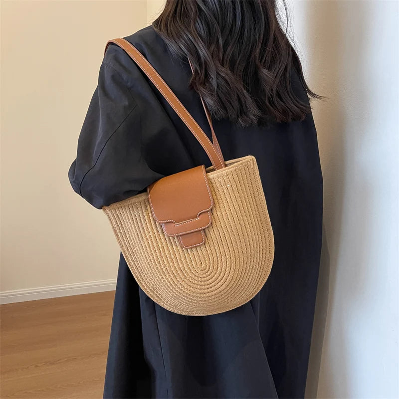 Large Capacity Beach Shopping Bag Luxury Design Woven Shoulder Bag Women Handmade Cotton Thread Woven Handbag Summer Travel Bag