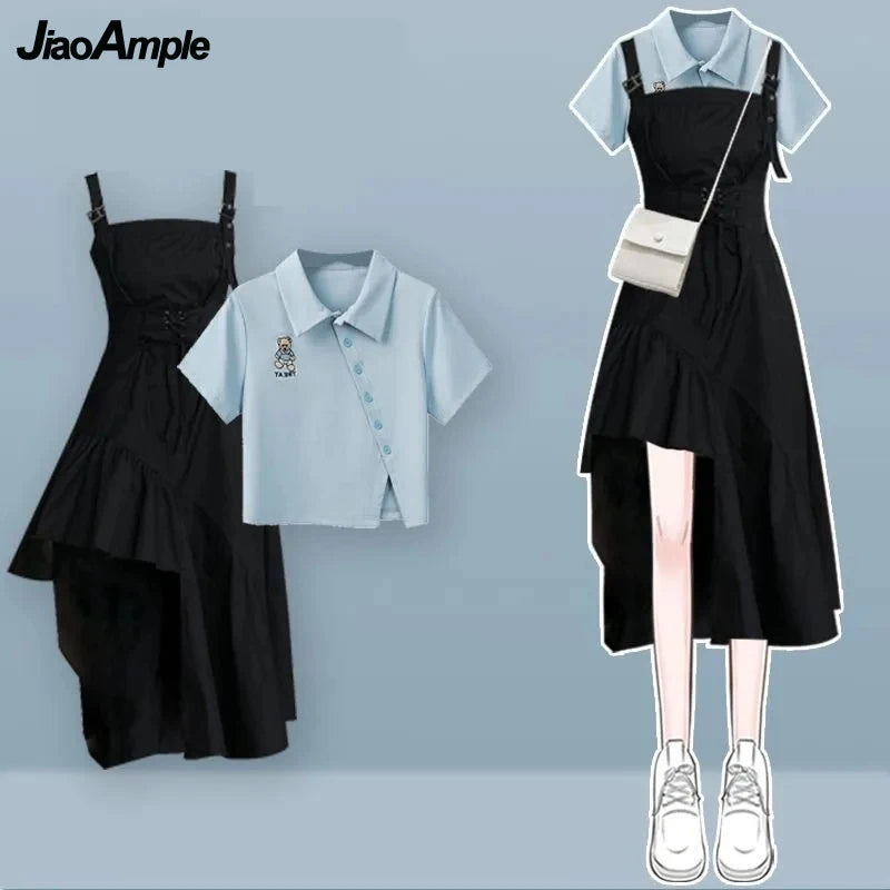 2025 Korean Elegant Summer New In Matching Set Women Fashion Short Sleeved T-shirt+Strap Dress Two Piece Female Chic Skirt Suit