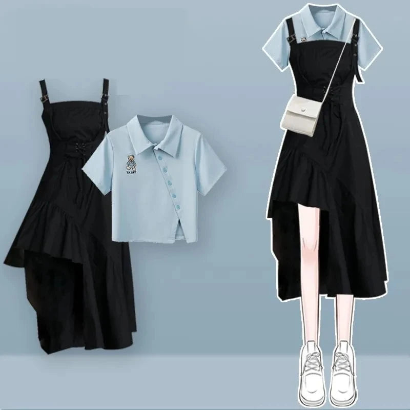 2025 Korean Elegant Summer New In Matching Set Women Fashion Short Sleeved T-shirt+Strap Dress Two Piece Female Chic Skirt Suit