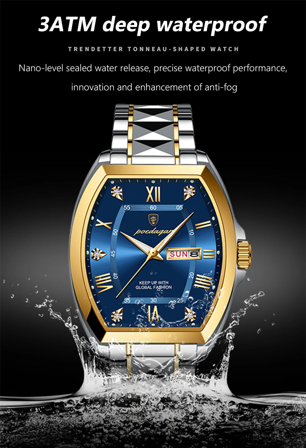 POEDAGAR Luxury Tonneau Men Watch Luminous Waterproof Date Week Man Watch Stainless Steel Fashion Original Men's Quartz Watches