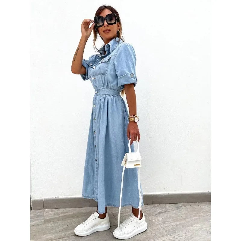 Mandylandy Summer Denim Dress Women Washed Button Shirt Short Sleeve Denim Dresses High Waist Single Breasted Long Dress