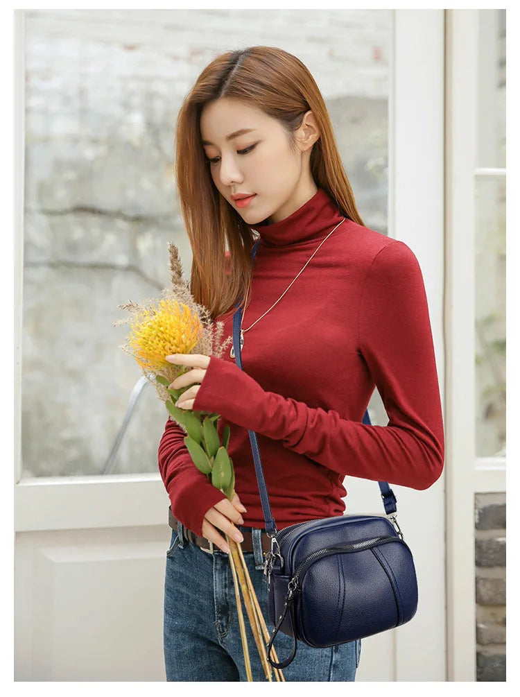 Solid Color Fashionable Rivet Zipper Women's Mobile Phone Bag Simple Soft Leather Shoulder Crossbody Small Square Bag Handbag