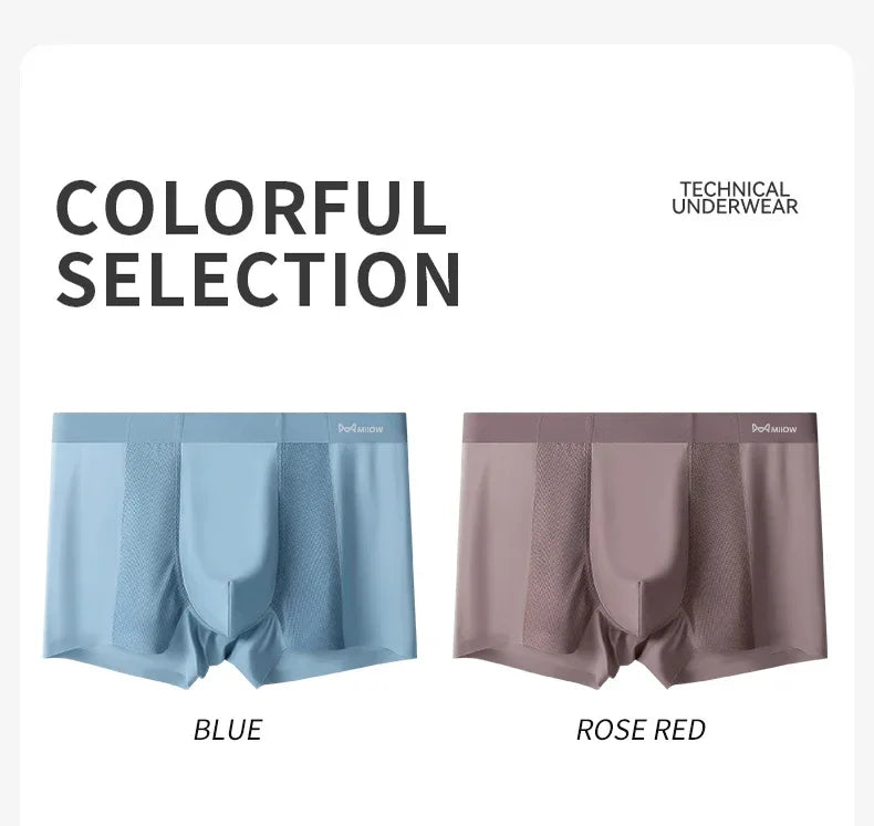 MiiOW 3Pcs Summer Ice Silk Men Boxer Underwear Seamless Mesh Breathable Men's Panties Cotton Crotch Man Underpants Man Boxers