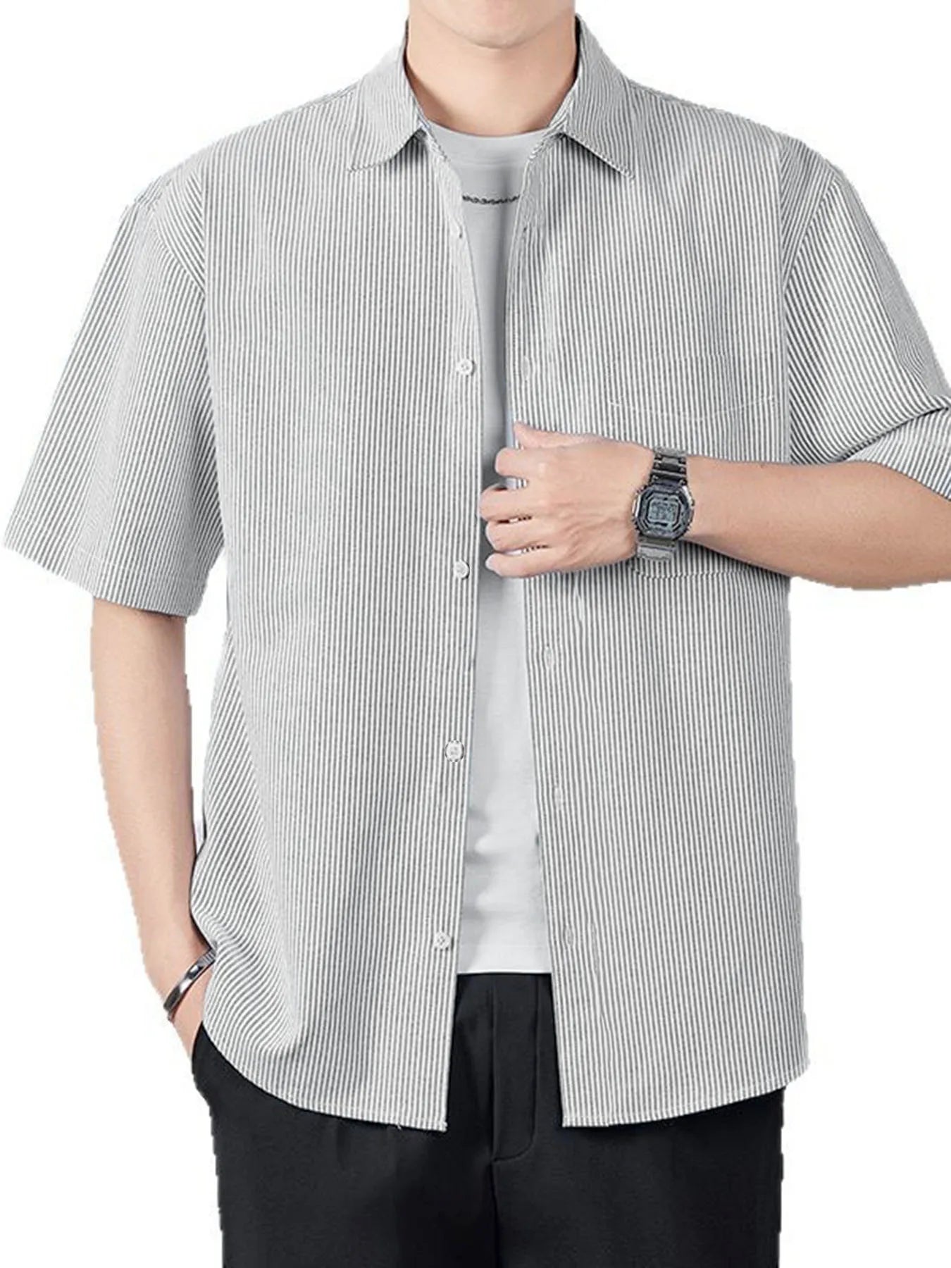 Short-sleeved shirt men's simple pinstripe high-end top summer loose and versatile new high-end men's shirt