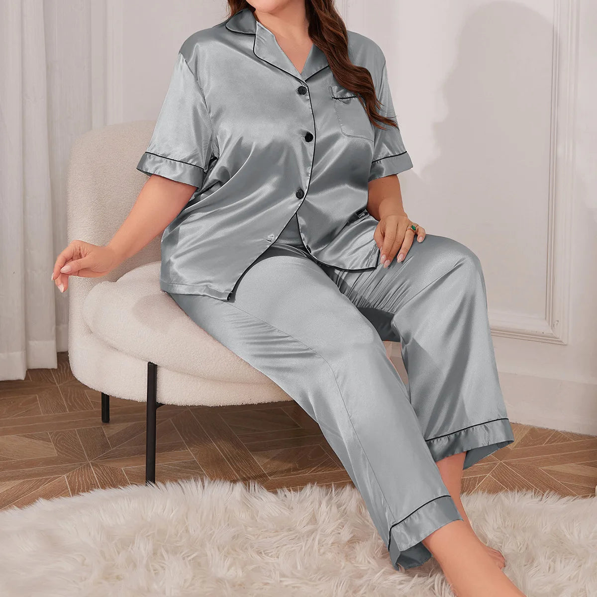 Large Size Female Pajamas Set Spring Summer Silk Satin Sleepwear Trouser Pijamas Suit Loose Casual 2 PCS Shirt&Pant Home Wear