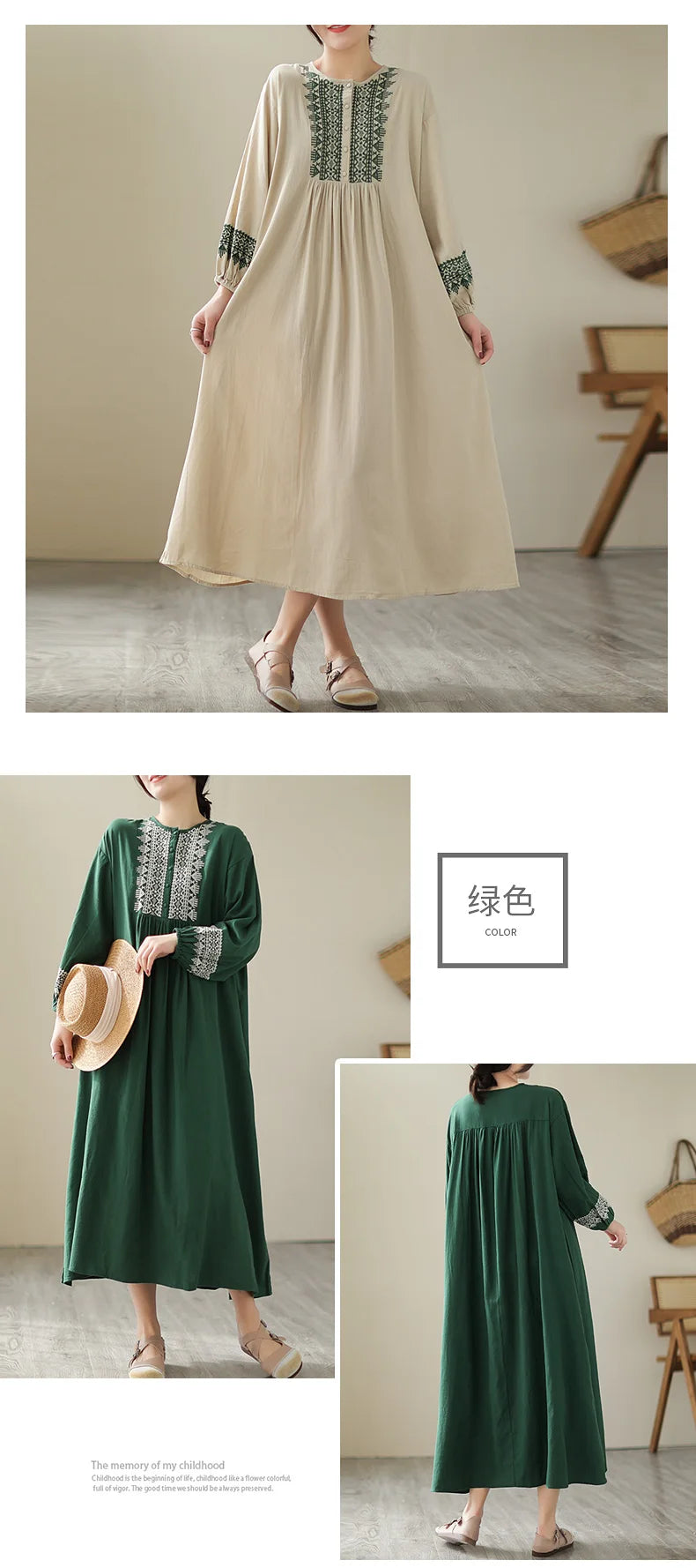 100% Cotton Long Dresses Women New Arrival 2023 Spring Vintage Style Geometric Embroidery Loose Female Casual Dress B2386
