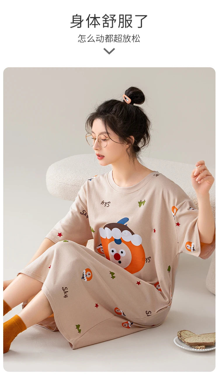100% COTTON! SUKAE Summer New Women Lovely Sleepshirt Fashion Nightgowns Leisure Dress Casual Nightdress Short Sleeves Nightgown