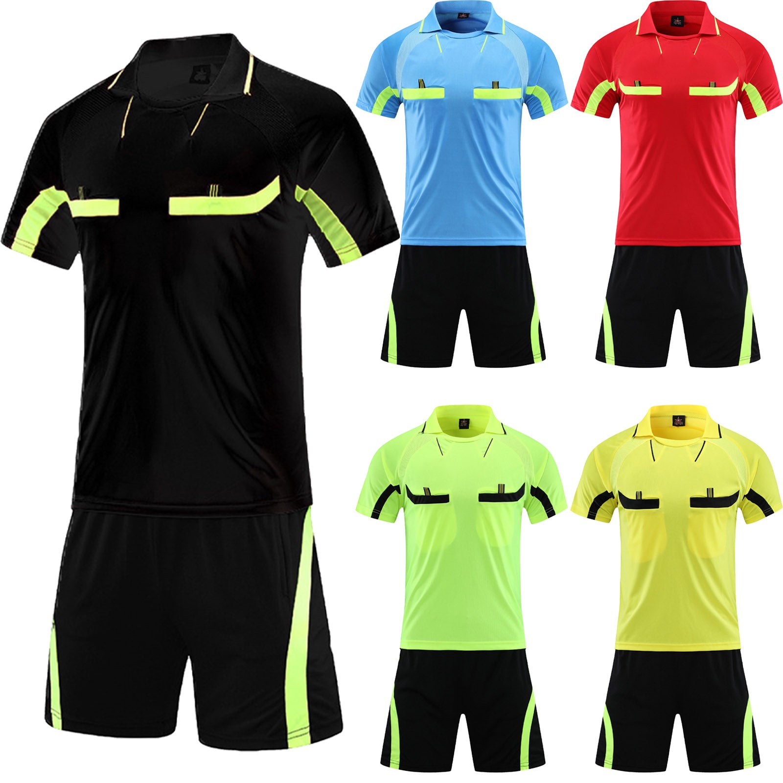 Mens Soccer Jersey Referee Outfit Football Match Uniform Tracksuit Turn-Down Collar Short Sleeve Pockets T-shirt with Shorts