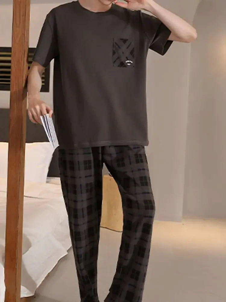 SUKAE Mens Plus Size L-5XL Homewear Summer Cotton Short Sleeve Full Pants Pajamas Set for Man Leisure Sleepwear Trendy Nightwear