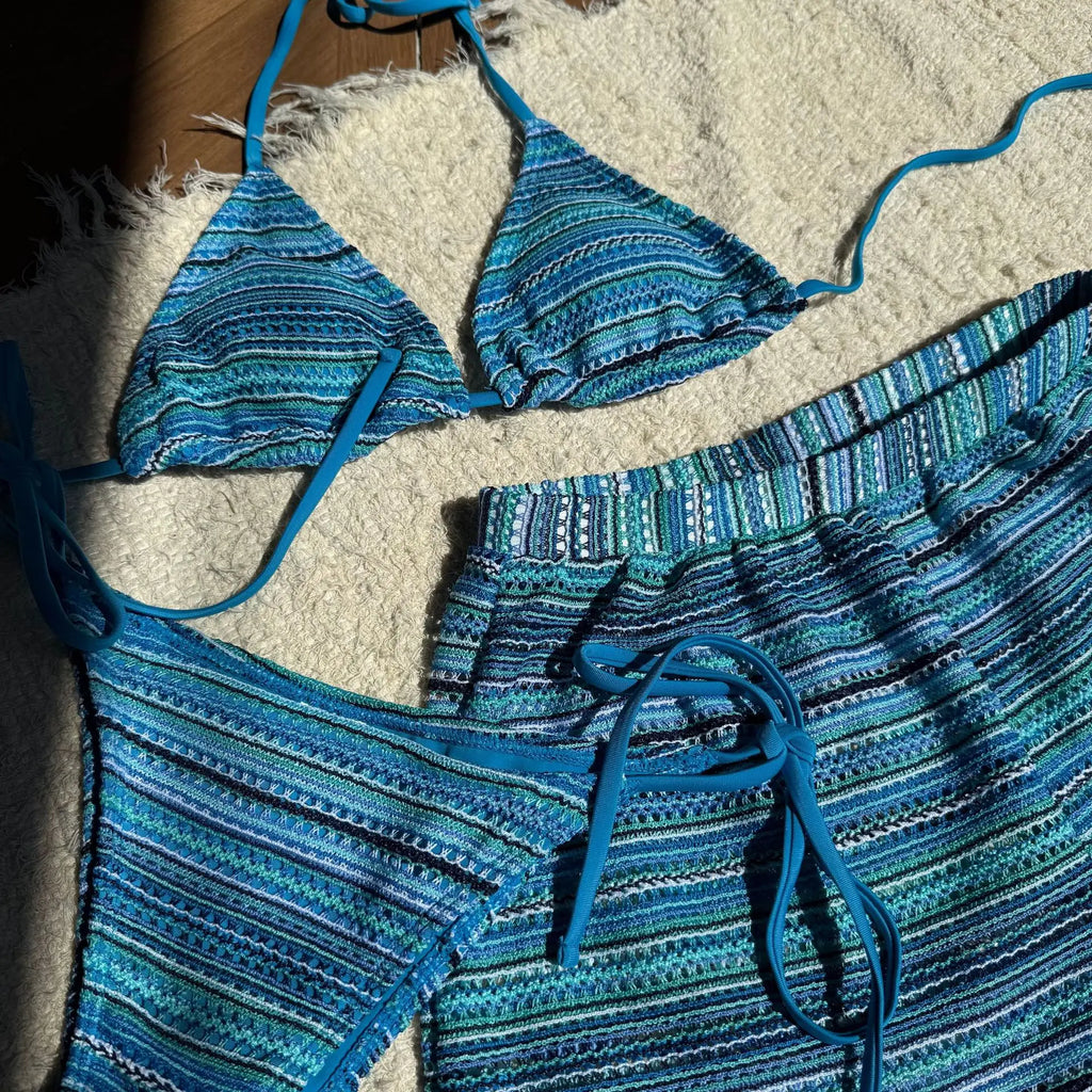 Sexy Crochet Bikini Set 2026 Women Coffee Contrast Striped High Waist Panties 3 Piece Swimsuit Bathing Suit Knitted Swimwear
