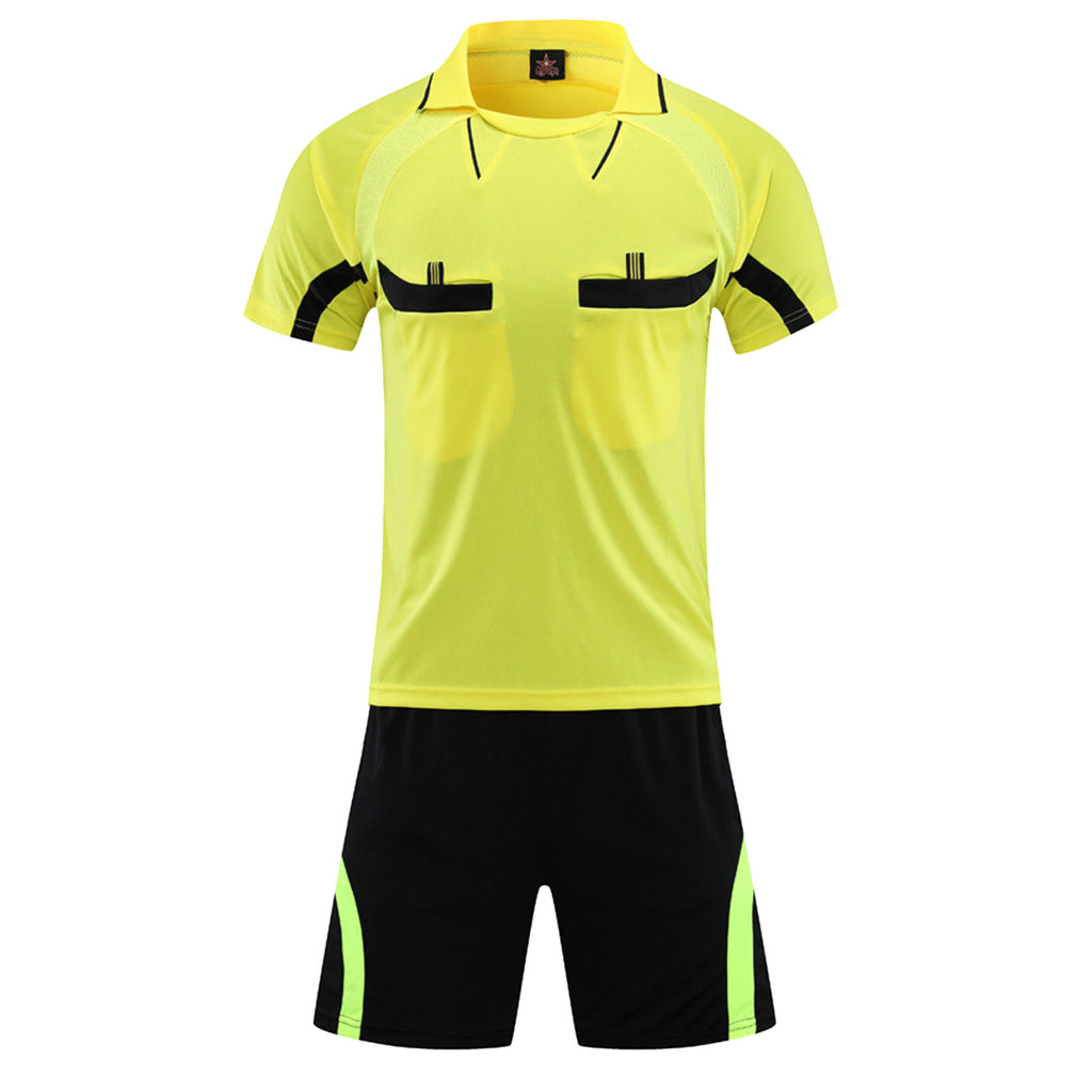 Mens Soccer Jersey Referee Outfit Football Match Uniform Tracksuit Turn-Down Collar Short Sleeve Pockets T-shirt with Shorts