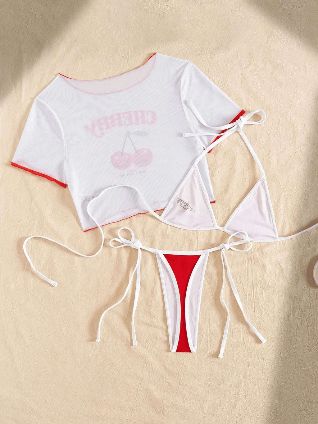 Cherry Print Mesh Short Sleeve Bikini Female Swimsuit Women Swimwear Three-pieces Bikini Set Micro Bathing Suit Swim Beachwear
