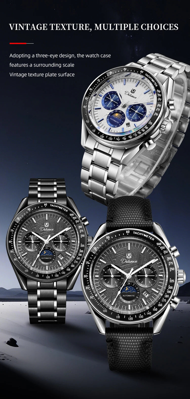 Automatic Watch for Men Stainless Steel Luminous Waterproof Moon Phase Man Watches Luxury Men's Mechanical Wristwatch