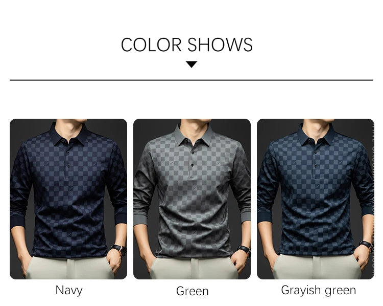 BROWON Polo Shirts for Man Autumn Business Slim Fit Long Sleeve T Shirt Men 2026 New Casual Loose Pullover Plaid Men Tops & Tees
