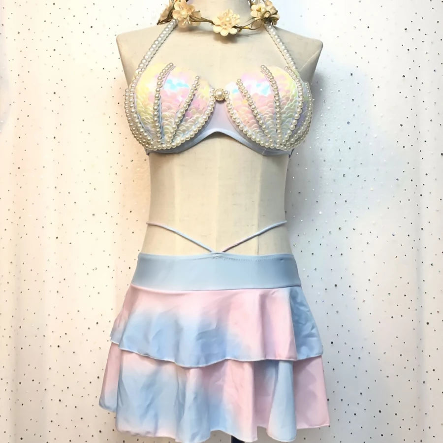 RM Mermaid Sequin Corset Bikini Swimsuit Free Diving Performance Oceanarium Electro Festival Bra Bar Cos Costumes