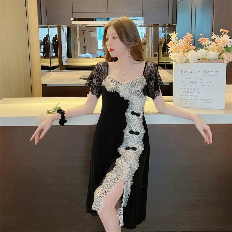 Sexy Summer Sleepwear Womens Lace Silk Satin Night Dress Short Sleeve Homewear V-Neck Split Hem Soft Loungewear Female Clothes