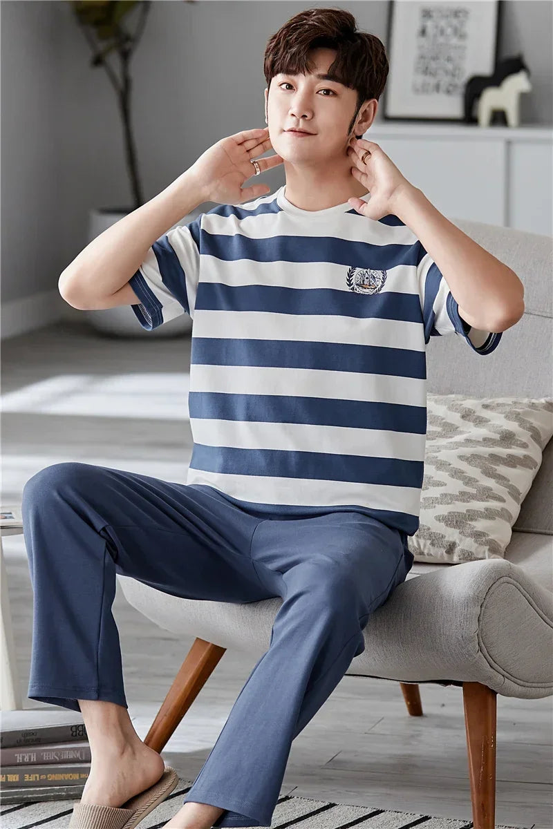 SUKAE Mens Plus Size L-5XL Homewear Summer Cotton Short Sleeve Full Pants Pajamas Set for Man Leisure Sleepwear Trendy Nightwear