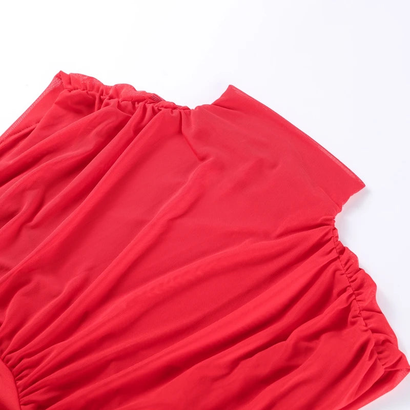 Sexy Red Pleated Mesh Long Dress Red See Through Patchwork Sleeveless A-line Party Dresses Female 2025 Summer Slim Robes Lady