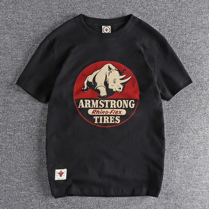 Summer new wash matte comfortable short sleeve t-shirt men's rhinoceros Vintage Print versatile youth fashion casual half sleeve