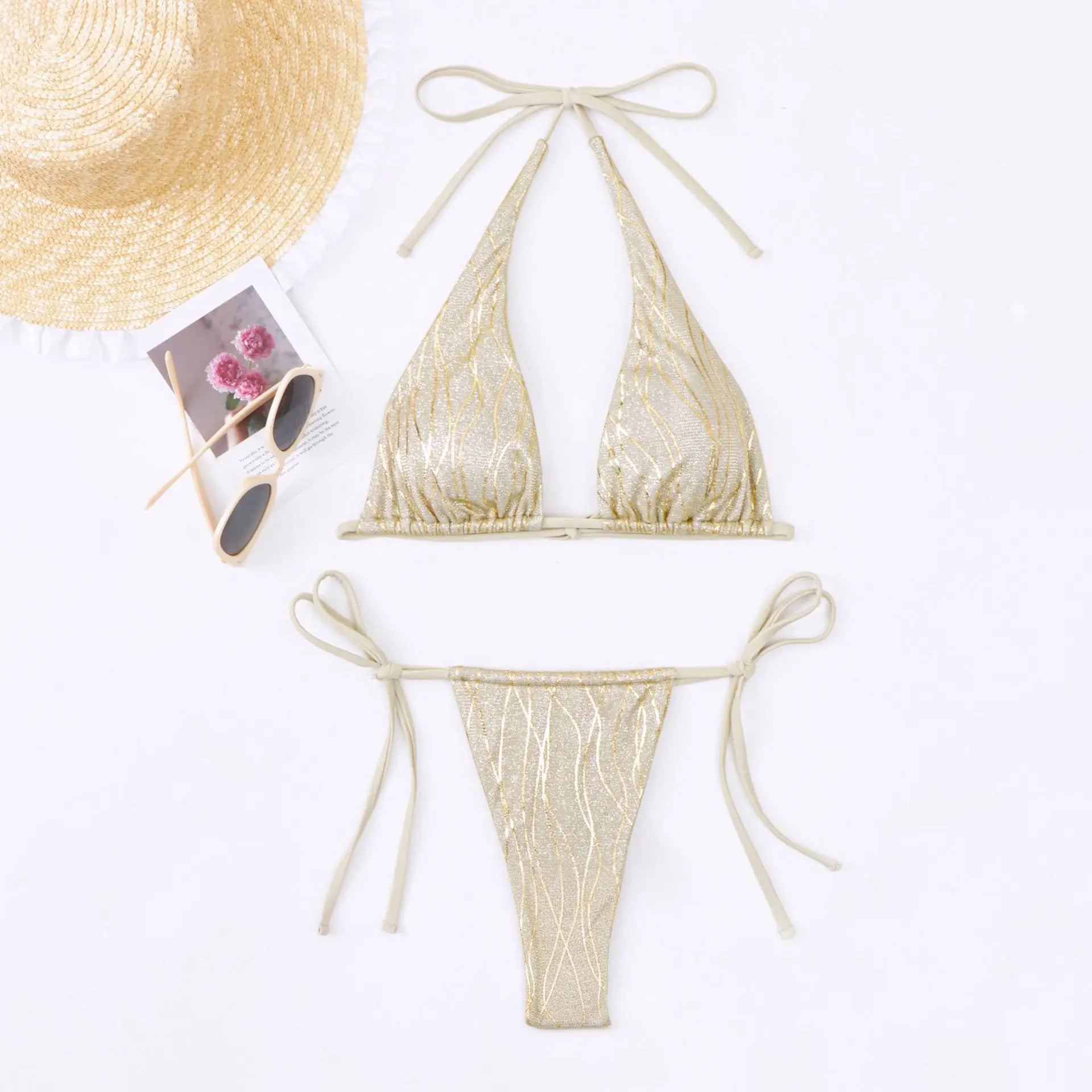 Sexy Golden String Bikini 2024 Women Swimsuit Female Swimwear Thong Halter Bikinis Set Brazilian Beach Bathing Suit Biquini