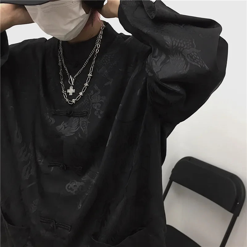 KOSAHIKI Women Man Blouse Dragon Print Harajuku Streetwear Chinese Style Stand Collar Buckle Vintage Black White Shirt Blusas