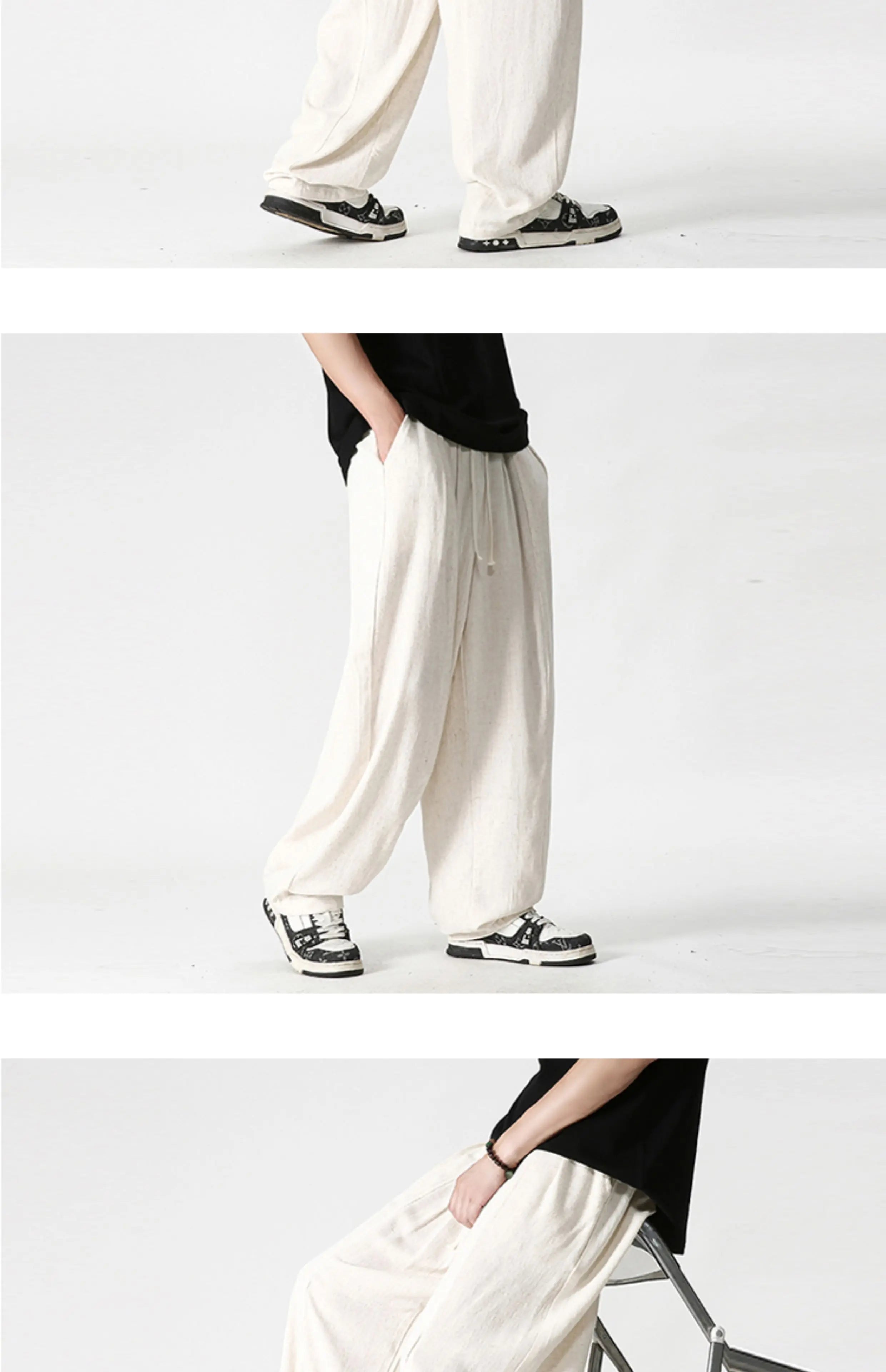 Summer Wide Leg Pants Men's Cotton Linen Harun Loose Pants Men Casual Elastic Waist Circumference Lantern Trousers Plus Size 5XL