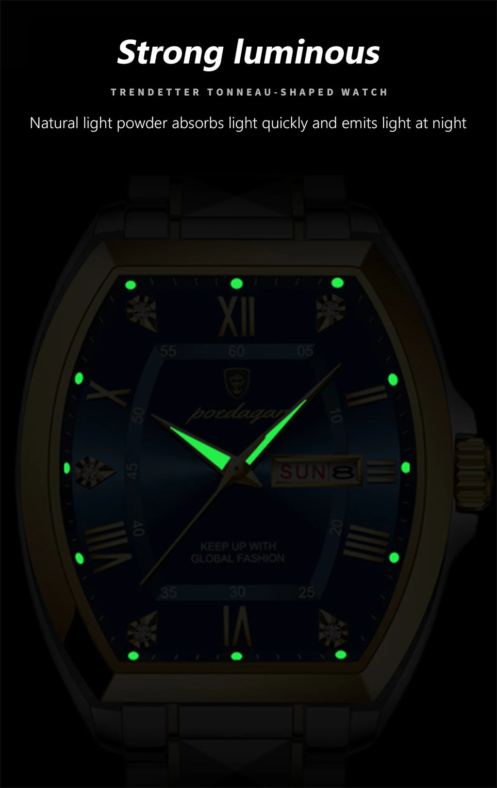 POEDAGAR Luxury Tonneau Men Watch Luminous Waterproof Date Week Man Watch Stainless Steel Fashion Original Men's Quartz Watches