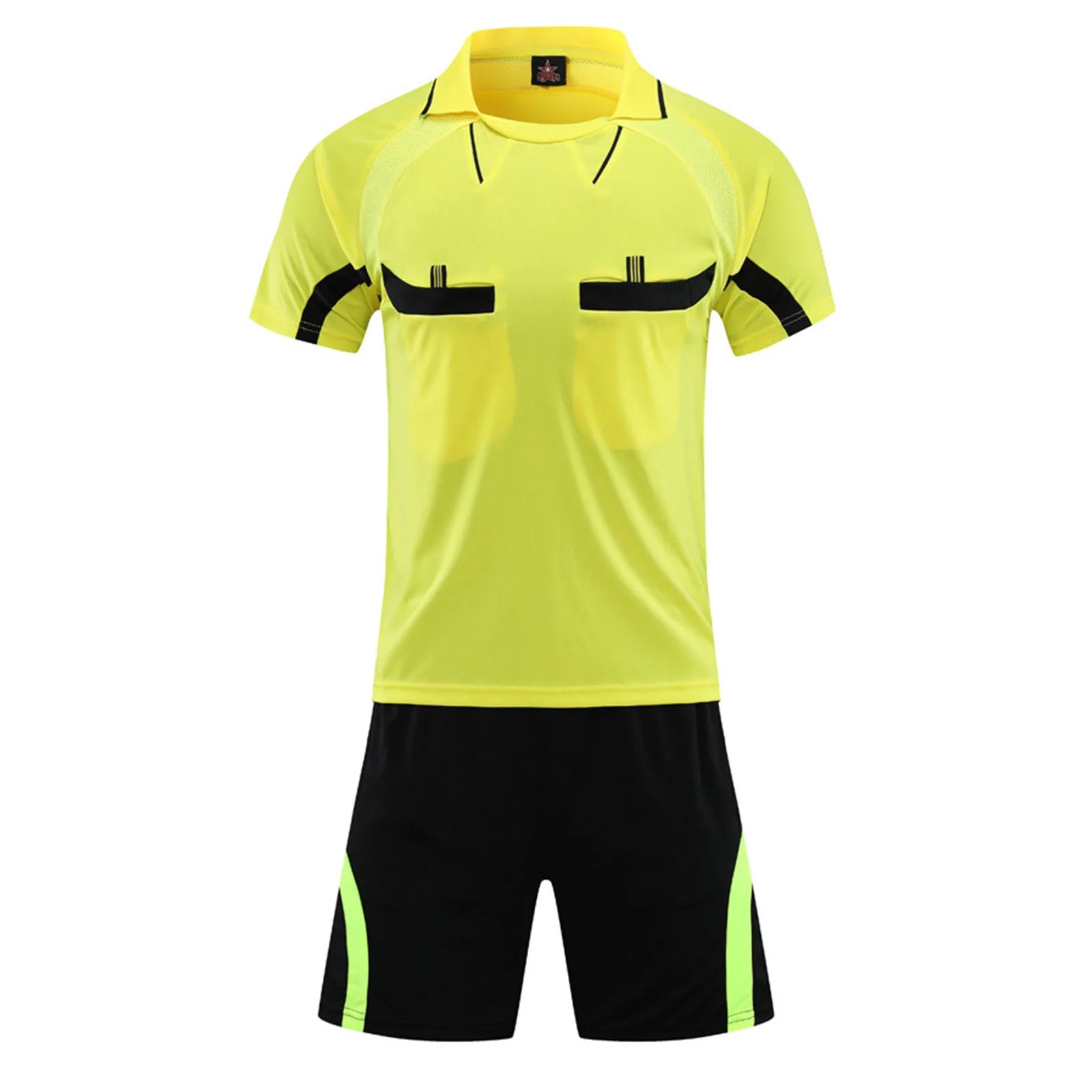 Mens Soccer Jersey Referee Outfit Football Match Uniform Tracksuit Turn-Down Collar Short Sleeve Pockets T-shirt with Shorts