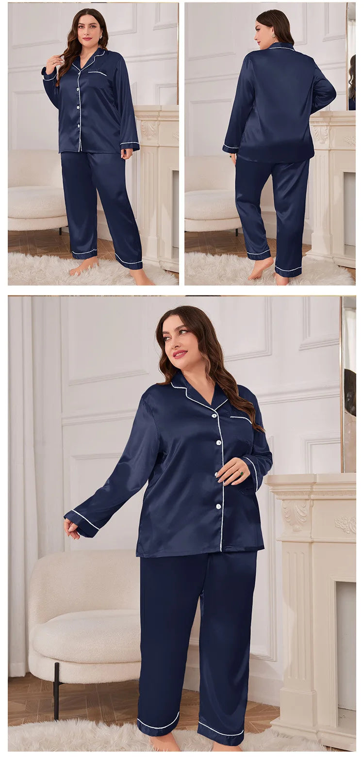 Large Size Female Pajamas Set Spring Summer Silk Satin Sleepwear Trouser Pijamas Suit Loose Casual 2 PCS Shirt&Pant Home Wear