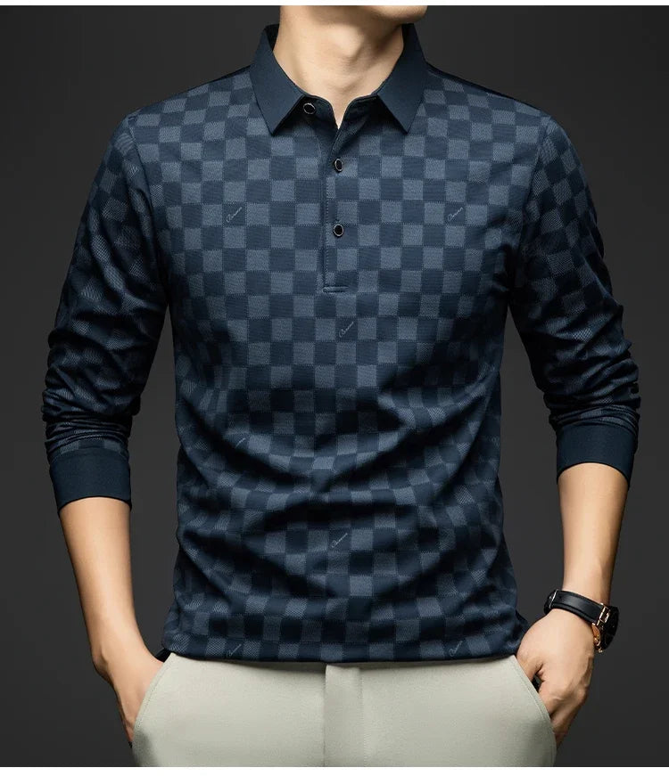 BROWON Polo Shirts for Man Autumn Business Slim Fit Long Sleeve T Shirt Men 2026 New Casual Loose Pullover Plaid Men Tops & Tees