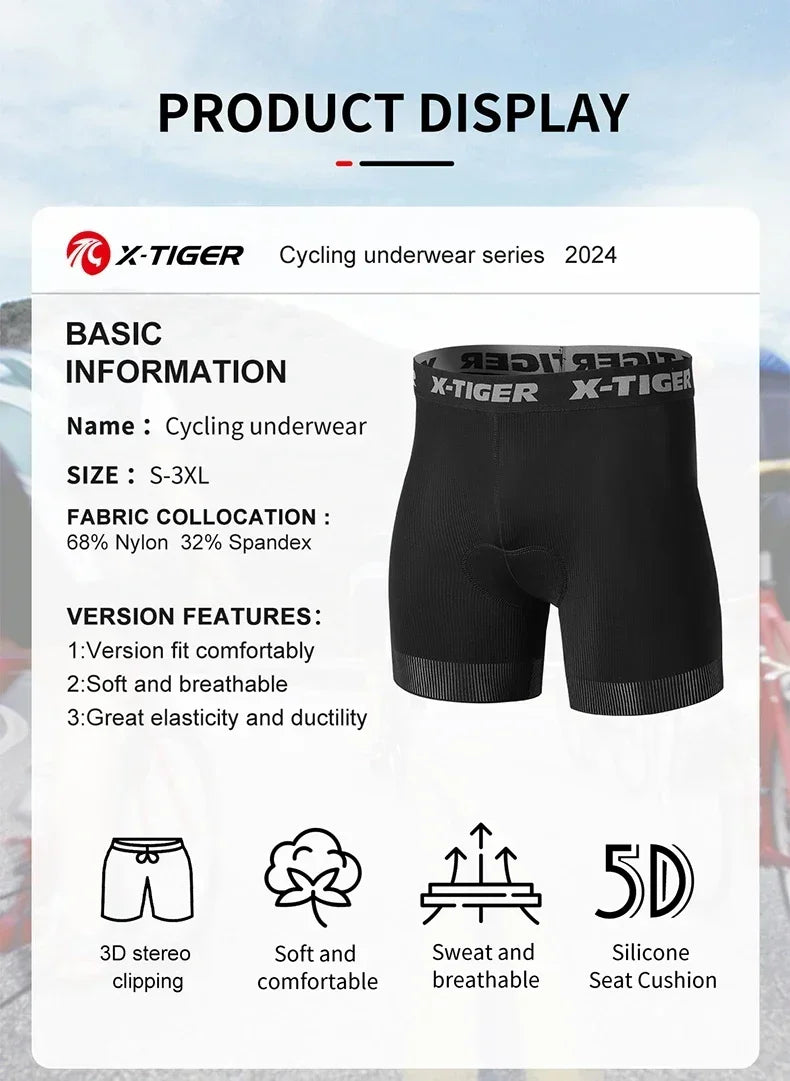 X-TIGER High Performance Breathable Cycling Underwear Men 5D Silicone Pad 3D Cutting Moisture Wicking Road Cycling Shorts