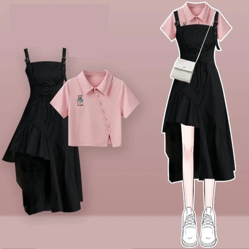 2025 Korean Elegant Summer New In Matching Set Women Fashion Short Sleeved T-shirt+Strap Dress Two Piece Female Chic Skirt Suit