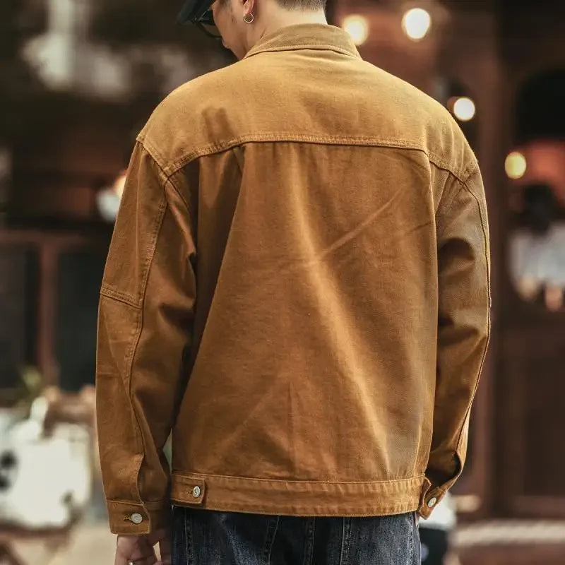 Cargo Oversize Cowboy Coat for Men Brown Cotton Denim Jackets Man Joker of Fabric Korea Japanese Retro Outwear Size L Lxury Worn