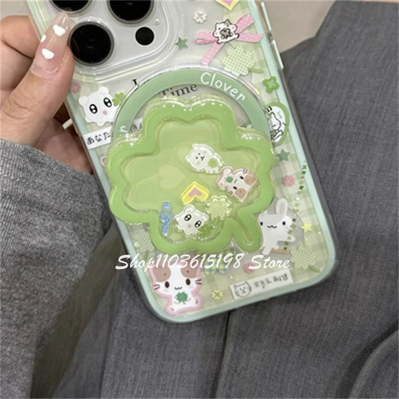 Korea Cute Quicksand Lucky Clover Magnetic Holder Grip Tok Griptok Phone Holder Phone Stand Support For iPhone Magsafe Smart Tok