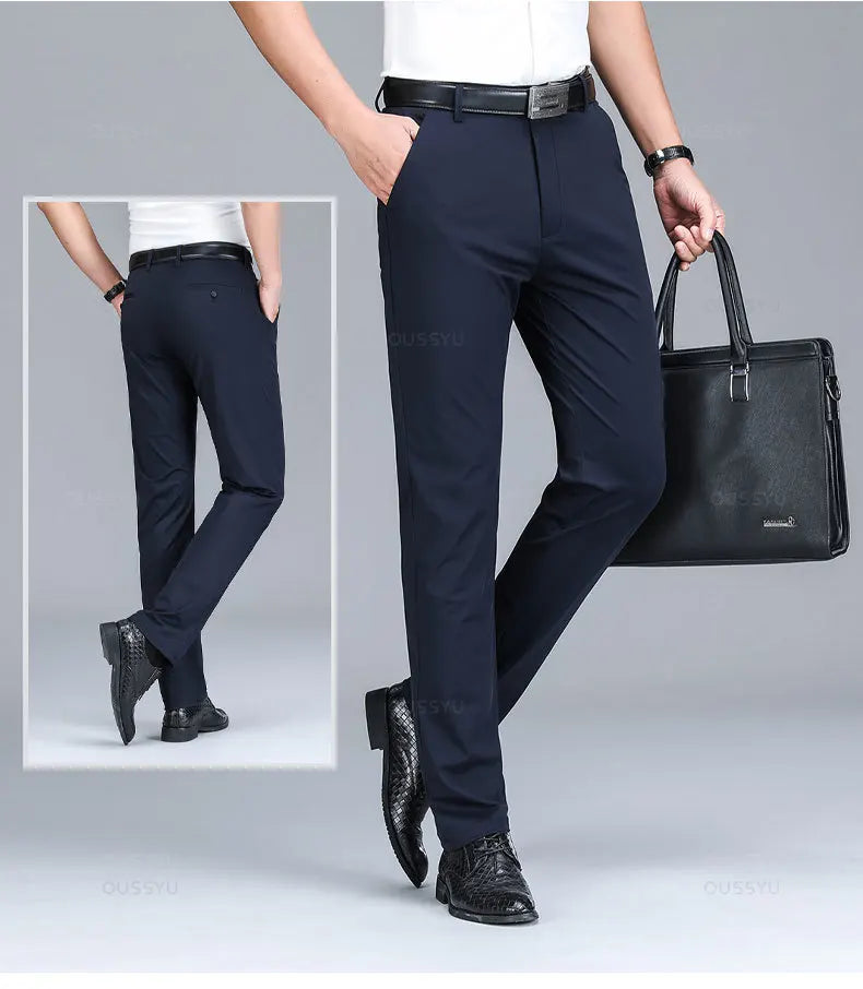 Summer High Stretch Business Suit Pants Men Thin Solid Color Straight Casual Formal Office Trousers Male Plus Size 35 40