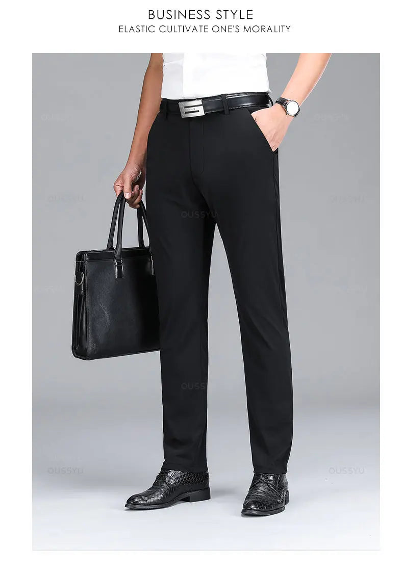 Summer High Stretch Business Suit Pants Men Thin Solid Color Straight Casual Formal Office Trousers Male Plus Size 35 40