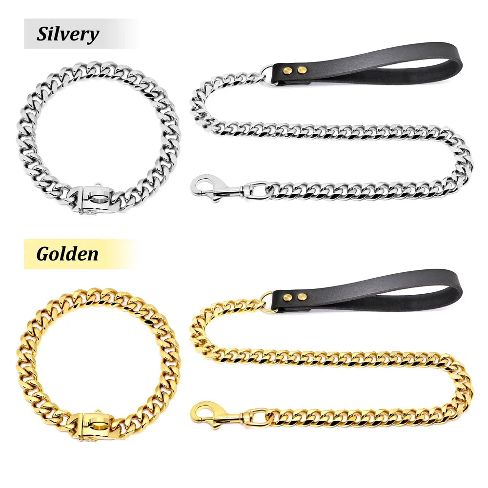 Stainless Steel Dog Leash Pet  Lead Traction  Super Strong Gold Collar Chain 32mm 19mm Bulldog Pitbull Large Dog Collar Leash