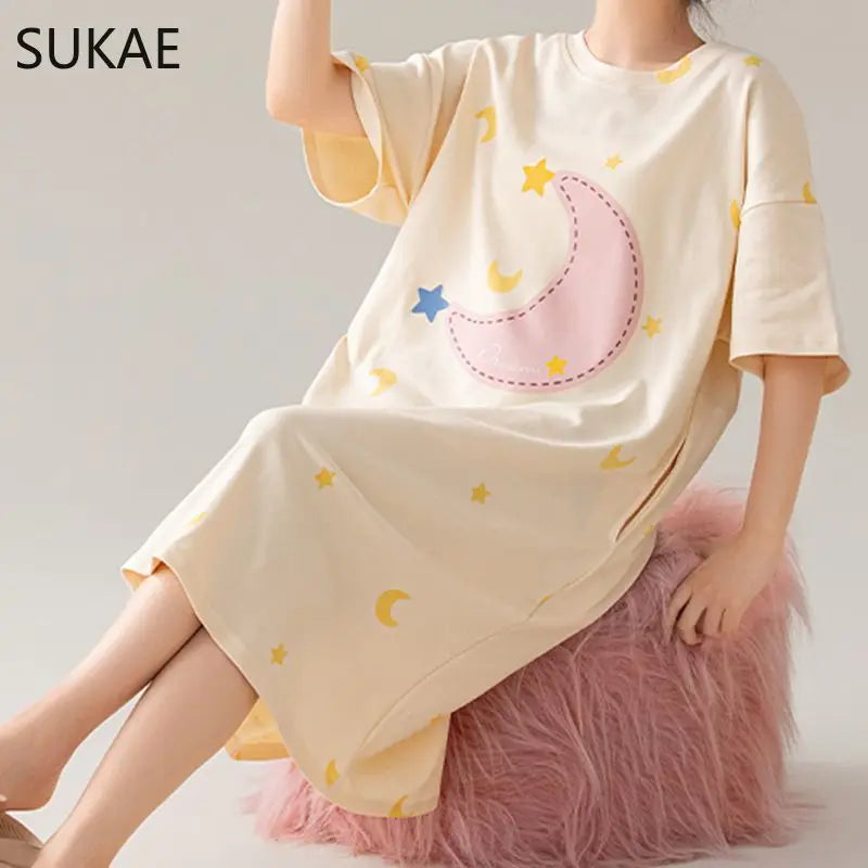 100% COTTON! SUKAE Summer New Women Lovely Sleepshirt Fashion Nightgowns Leisure Dress Casual Nightdress Short Sleeves Nightgown