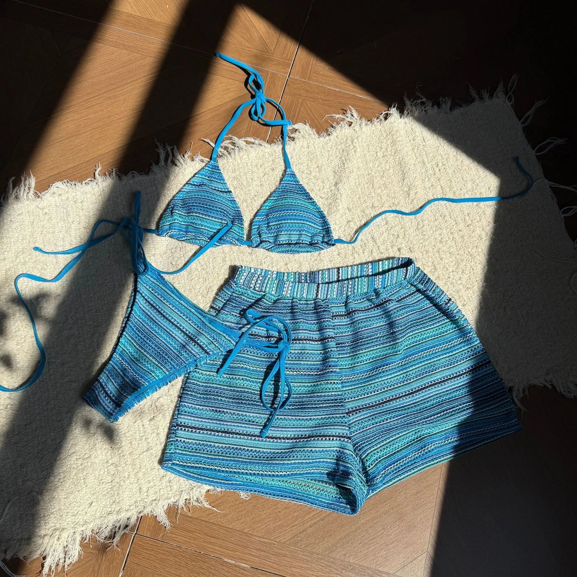 Sexy Crochet Bikini Set 2026 Women Coffee Contrast Striped High Waist Panties 3 Piece Swimsuit Bathing Suit Knitted Swimwear