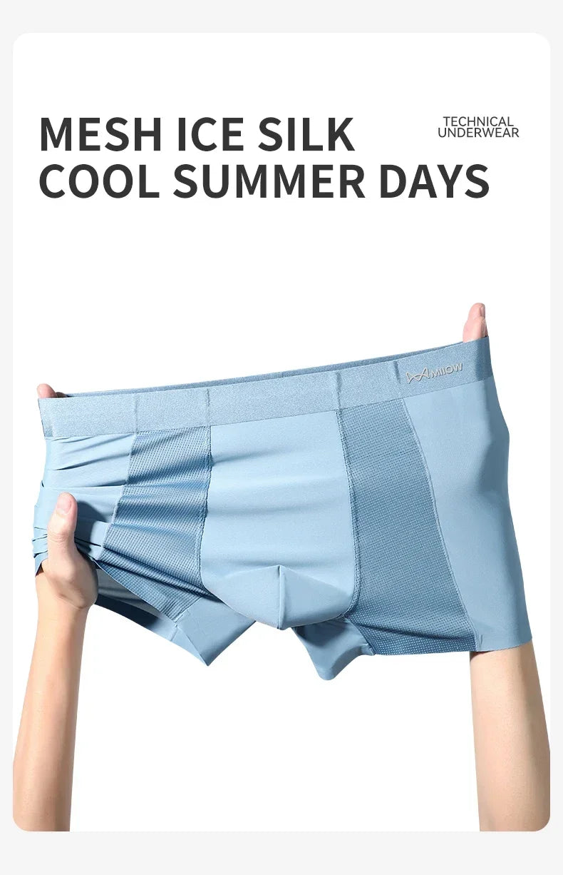 MiiOW 3Pcs Summer Ice Silk Men Boxer Underwear Seamless Mesh Breathable Men's Panties Cotton Crotch Man Underpants Man Boxers