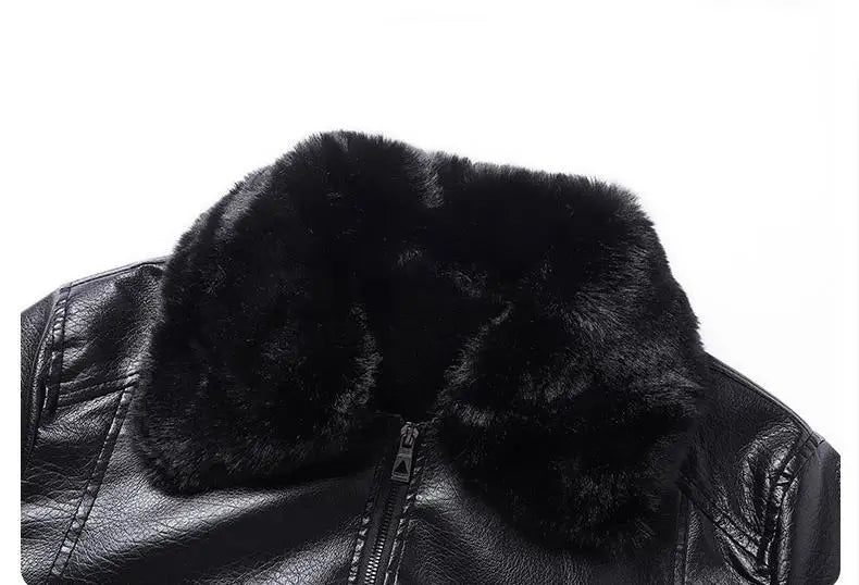 Winter Men Fleece Motor Biker Leather Jacket Man Lapel Thick Outwear Leather Coat Man Vintage Formal Fashion Leather Windbreaker